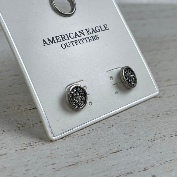American Eagle Outfitters Round Silver Tone Stud Earrings Sparkly Rhinestones - Picture 2 of 16